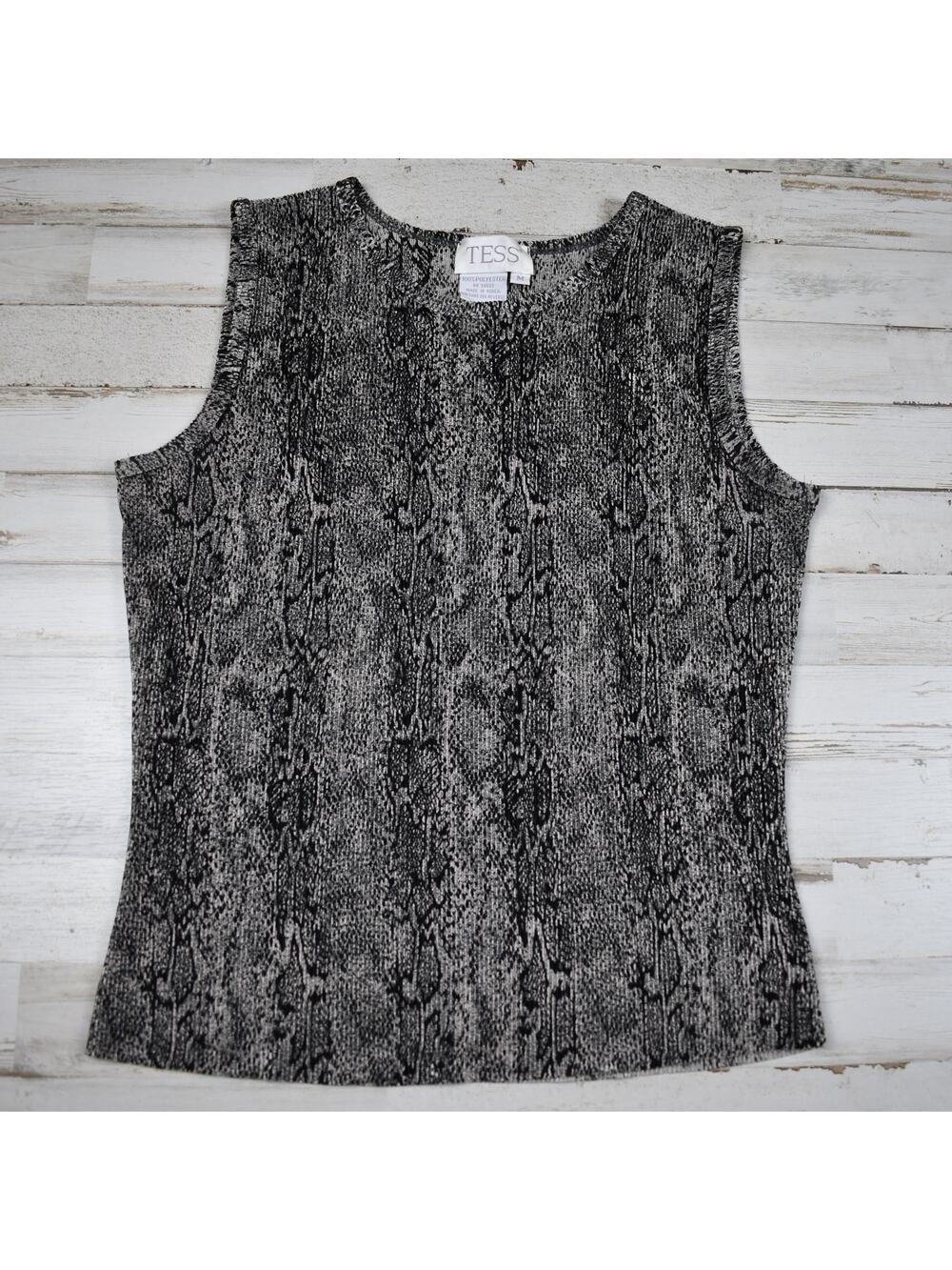 Vintage Plisse Pleated Tank Top Women's Medium Black Gray Snakeskin Print Boho